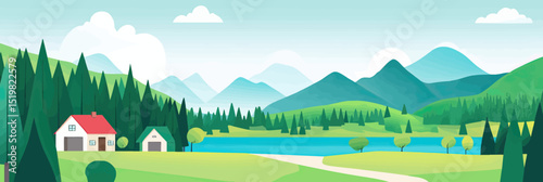 Minimalist rural landscape with house, forest, lake, rolling hills, distant mountains, clear sky, and winding path vector illustration for nature background and travel design