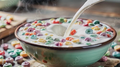 Slow motion milk pouring into bowl of colorful cereal.Vibrant cereal rings splashed with milk in slow motion.