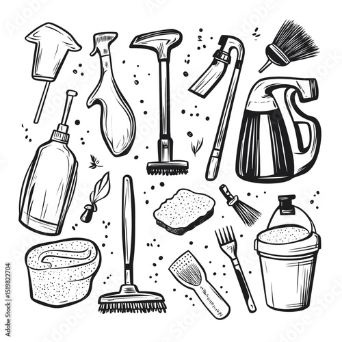 Hand drawn black and white cleaning supplies set including toothbrush, mop, sponge, spray bottle, brush, bucket, scrubber, and dustpan in doodle vector style isolated on white background