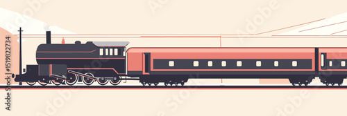 Vintage steam locomotive train with passenger car flat minimalist vector illustration retro railway transport historic travel concept side view