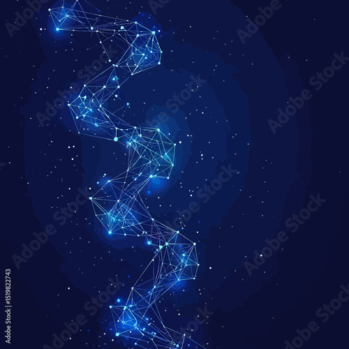 Abstract glowing blue DNA strand composed of polygonal connected points and lines on dark starry background technology and science concept vector illustration
