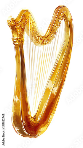 Golden harp musical instrument digital watercolor illustration with detailed strings and curved frame isolated on white background in minimalist style vector artwork