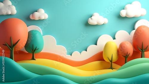 Playful 3d render of stylized colorful trees and clouds in a landscape scene