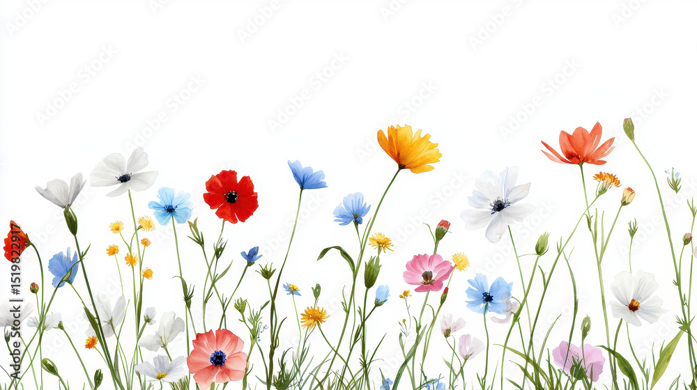 Fototapeta premium Watercolor botanical illustration of colorful flowers in vibrant garden setting, showcasing various species and hues