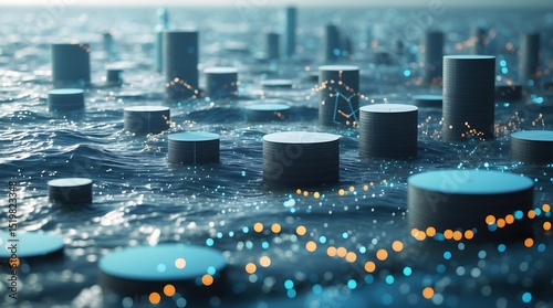 Abstract Digital Cityscape Cylinders Emerging from Water, Futuristic Urban Environment, 3D Render