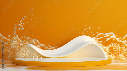 Modern product showcase with water splash on orange background rendering