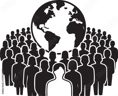 Global Population Growth Concept with Diverse Crowd Around Earth Icon