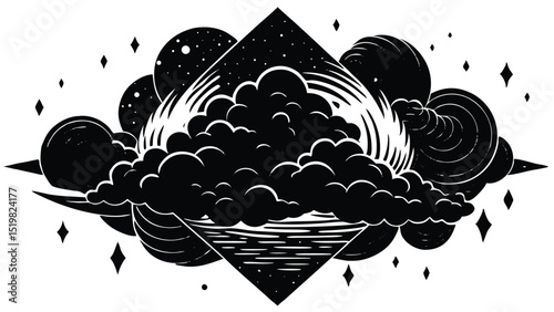 Abstract landscape of clouds water and celestial bodies in black and white style