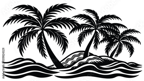 Monochrome illustration of a tropical island with palm trees and ocean waves