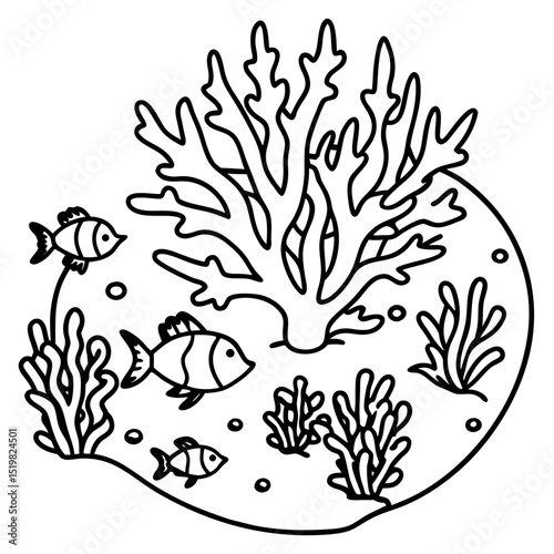 Underwater Coral Reef with Various Fish in Line Art