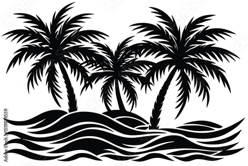 Silhouette of palm trees on a tropical island surrounded by stylized waves