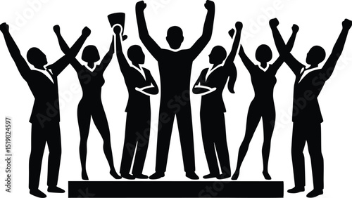 Successful business team celebrates victory achievement on podium with trophy vector illustration