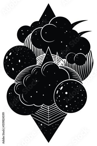 Surreal black and white landscape with celestial bodies and geometric shapes