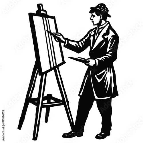 Artist painting on easel black and white illustration minimalistic design
