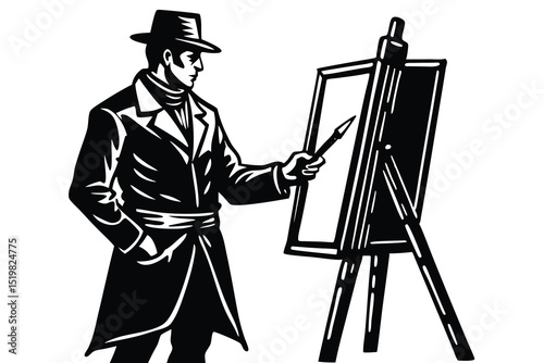 Artist in black and white creating art on easel wearing hat and coat