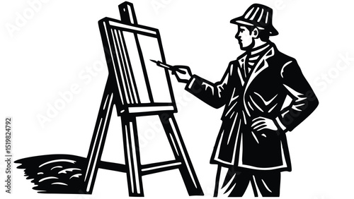 Artist painting on easel black and white linocut style vector illustration