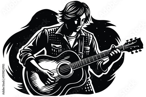 Black and white illustration of a man playing acoustic guitar with grunge accents