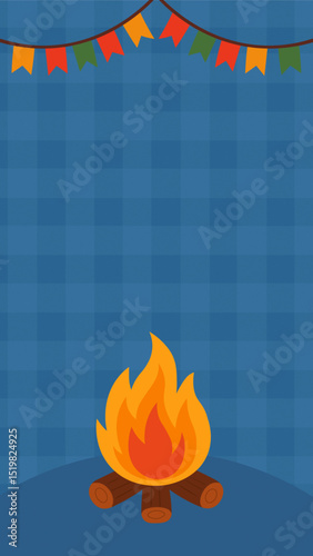 São João, festa junina poster vertical com ilustração de bandeirolas e fogueira, fundo quadriculado, espaço para texto, formato de Instagram story
