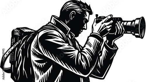 Black and white illustration of a photographer shooting a camera focused view