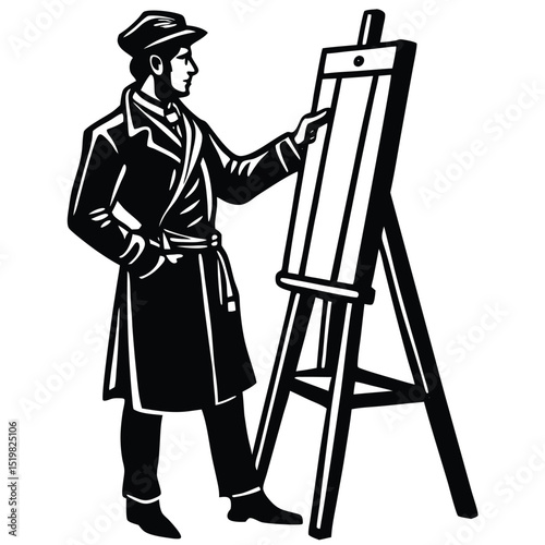 Black and white vector art illustration of an artist at easel