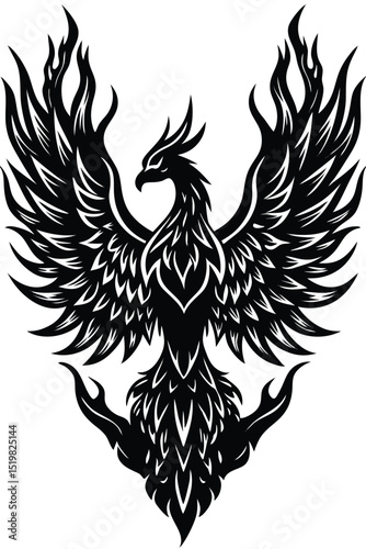Elegant black and white phoenix rising with fiery wings vector illustration