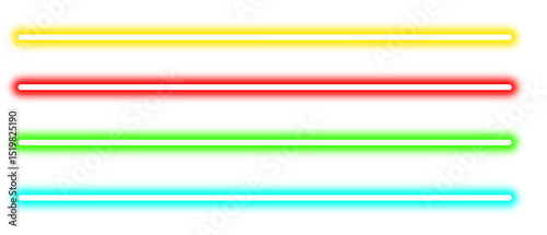 Colorful neon light line set isolated on transparent background. Futuristic glowing laser beams, electric style effect, shiny red, blue, green, yellow, pink neon design elements