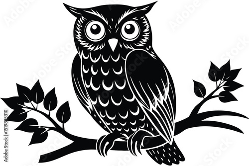 Elegant owl perched on branch black and white illustration graphic design