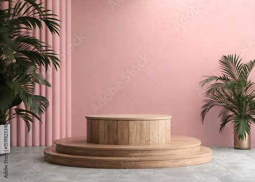A wooden podium with plants on both sides stands against a pink wall and curtains