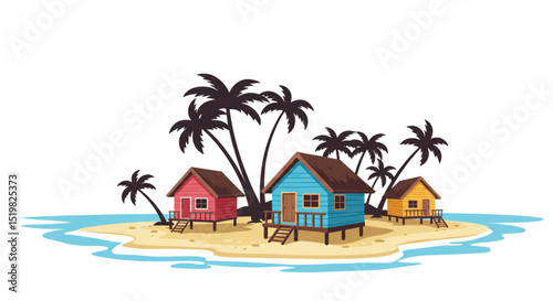 Seafront Bungalow Houses with Palm Trees Vector Illustration