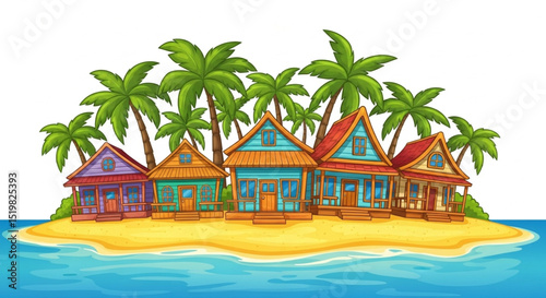 Seafront Bungalow Houses with Palm Trees Vector Illustration