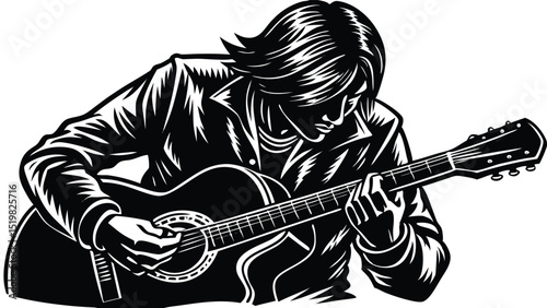 Monochrome silhouette of musician playing acoustic guitar intense performance art illustration