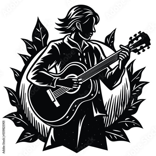 Silhouette musician playing acoustic guitar surrounded by foliage artistic black and white design