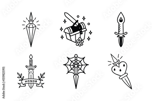 Collection of Six Unique Dagger and Sword Tattoo Designs