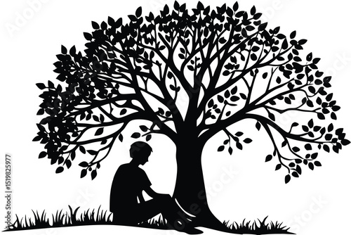 Silhouette of a person sitting under a large tree with lush foliage