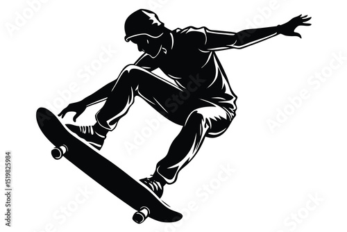Silhouette of a skateboarder performing a trick isolated on white background design