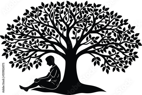 Silhouette of pensive person seated under a big tree in black and white