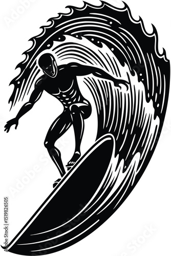 Surfer riding massive wave black and white illustration vector graphic artwork