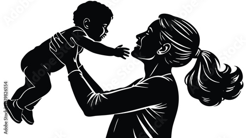 Vector illustration of mother lifting her baby in the air with love
