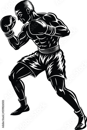 Aggressive boxer striking pose black and white vector silhouette illustration
