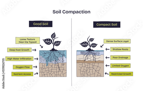 Soil compaction is shown by comparing good soil with deep root growth and compact soil with shallow roots and poor drainage. Doodle style diagram