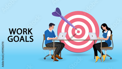 Teamwork and achieving work goals concept. A business team collaborates on a project, hitting a target with a dart to symbolize success, strategy, and reaching objectives.