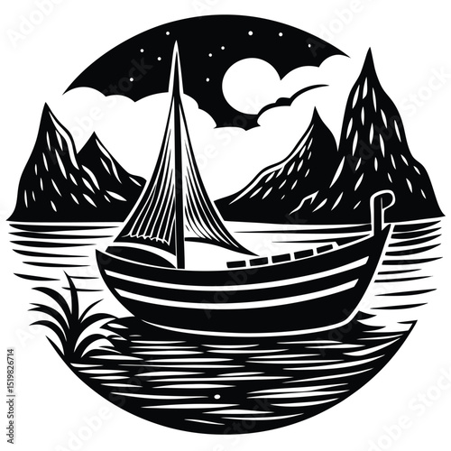 Black and white nautical scene featuring a sailing boat on the water at night