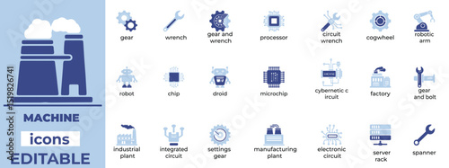 Editable machine icon set in clean line art style. Perfect for industrial, automation, and manufacturing design projects.