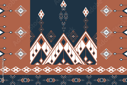 Ethnic tribal seamless patterns inspired by Navajo and Aztec motifs. Terracotta, navy blue, and ivory color palette. Ideal for fabric, fashion, and digital backgrounds.