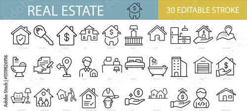 Real estate line icons, such as house, kitchen, bedroom, bathroom and more. Editable stroke