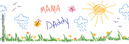 Hand-drawn kids drawing, children scribbles. Flowers, sun, butterflies, clouds, rain on white background. Vector illustration