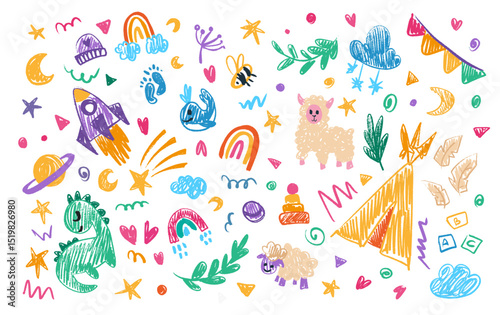 Cute crayon kids illustration. Hand drawn doodle children drawings. Cute kids background for your design, diploma, certificate. Vector cartoon elements on paper bg