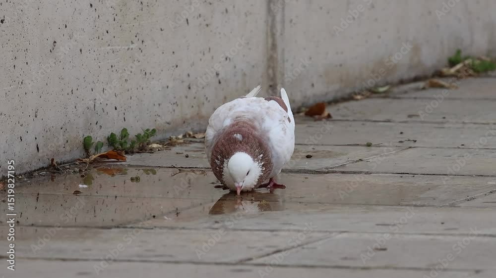 Paloma mensajera marrón bebe de charco de agua esparcida por aspersores del parque en Alcoy, España