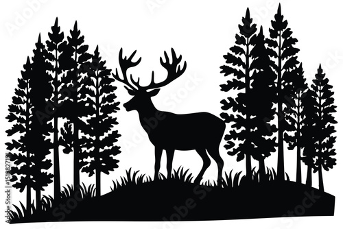 Deer silhouette in forest scene nature vector illustration background