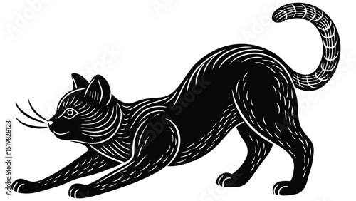 Stylized black cat stretching vector illustration with ornamental details and white background
